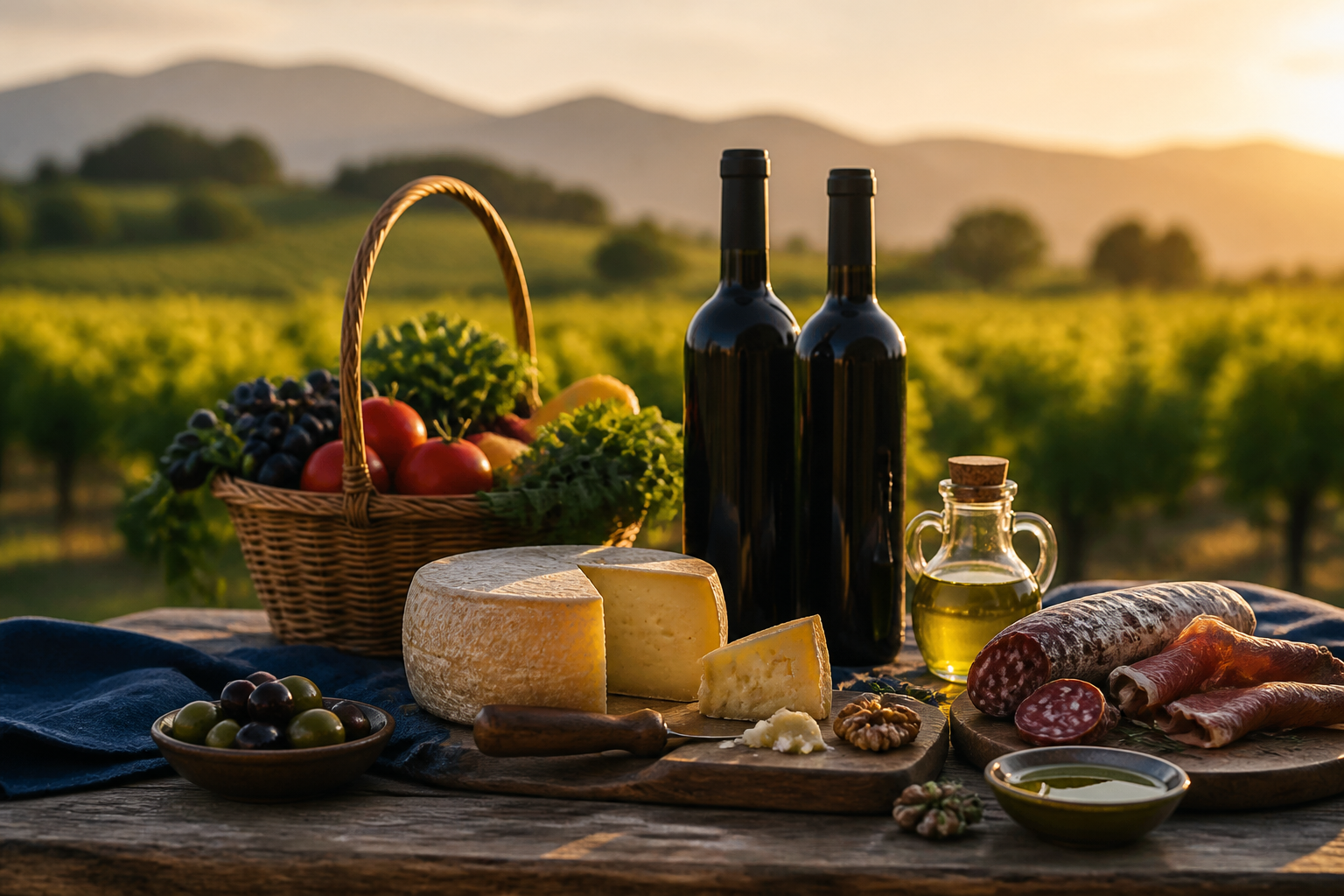 Vinos, quesos artesanales, aceite de oliva y fiambres regionales sobre una mesa, con viñedo argentino de fondo