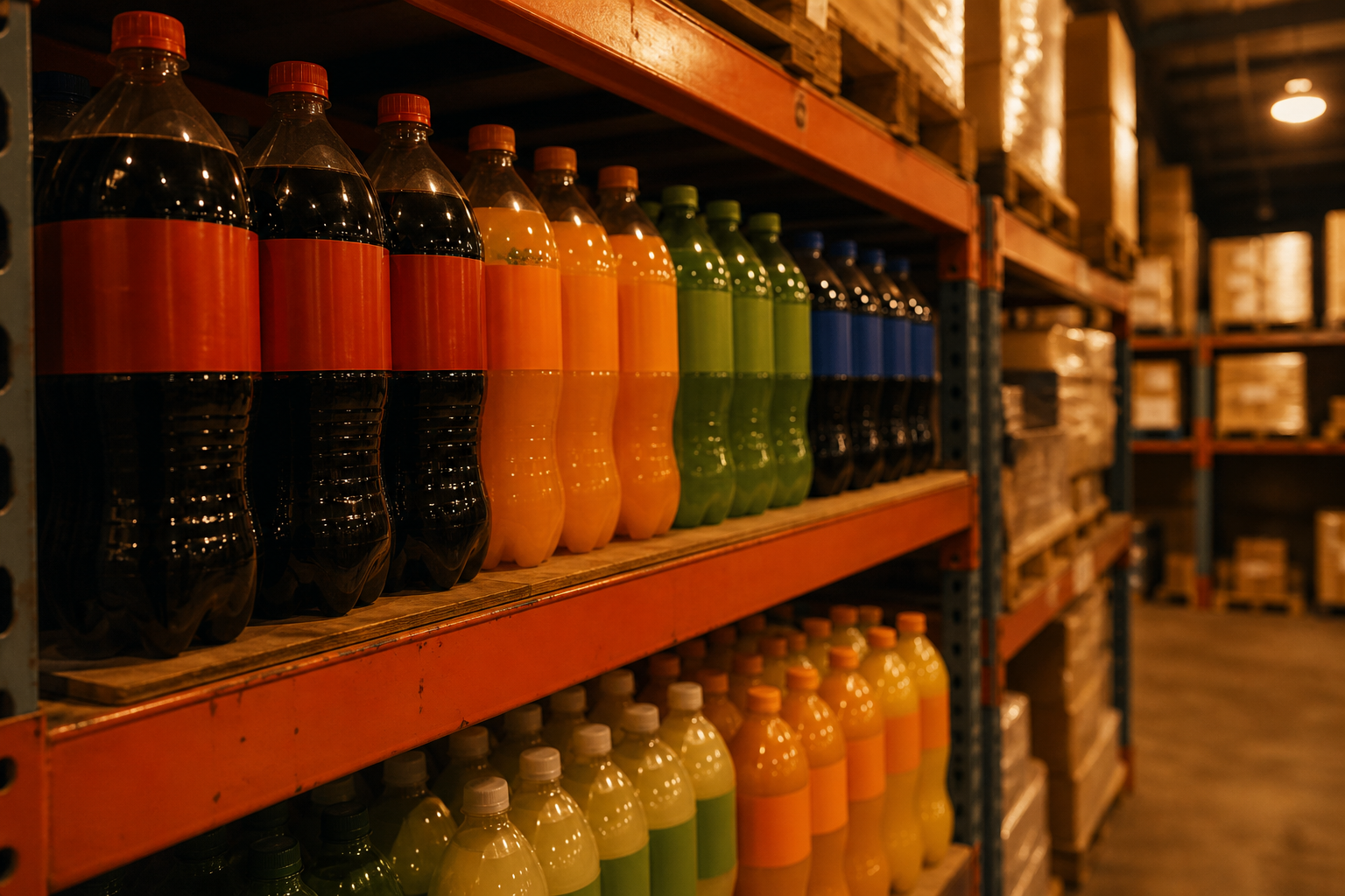 Estantería de depósito con gaseosas y jugos de alta rotación