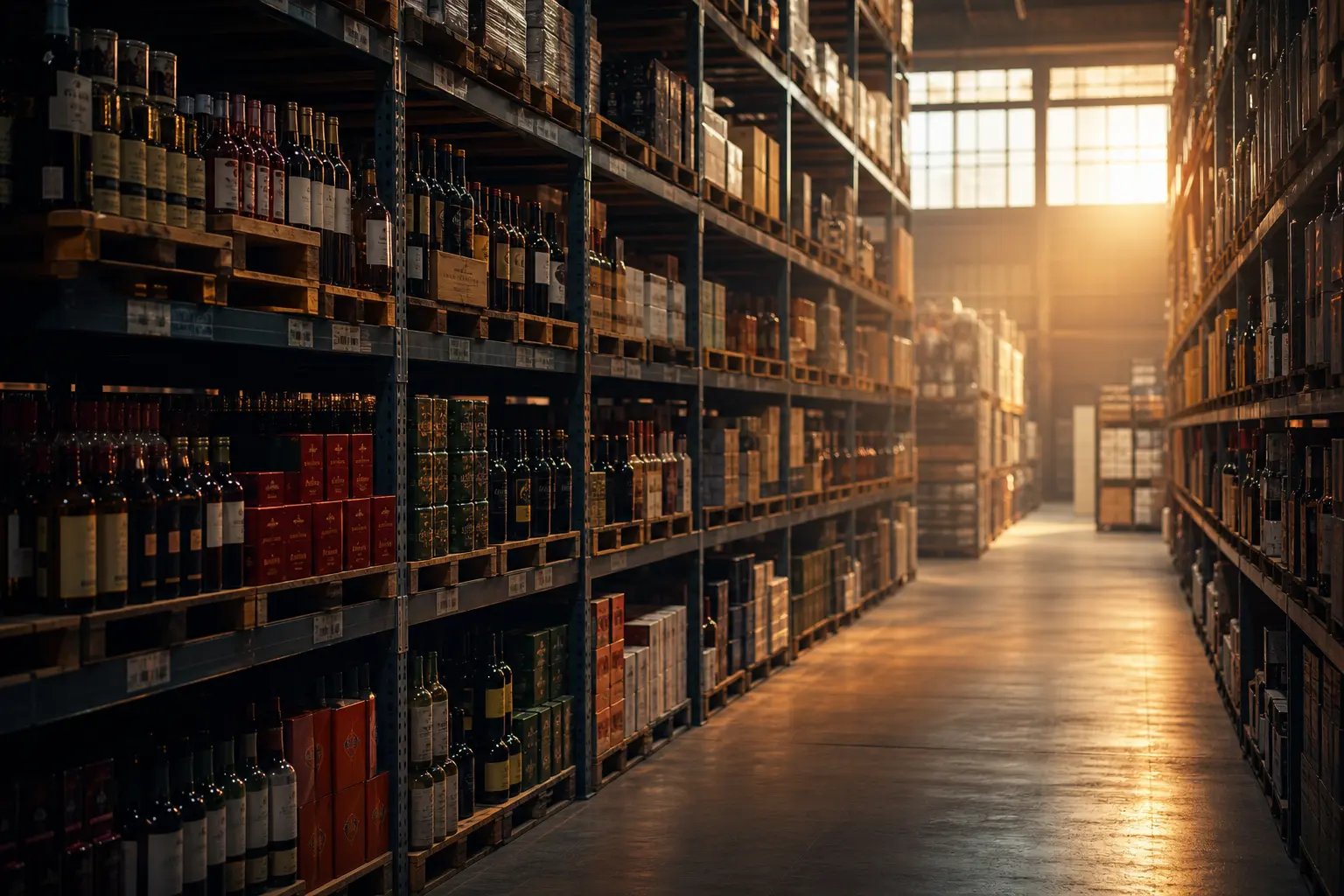 Estanterías de depósito con amplio surtido de vinos, bebidas y productos regionales listos para distribuir