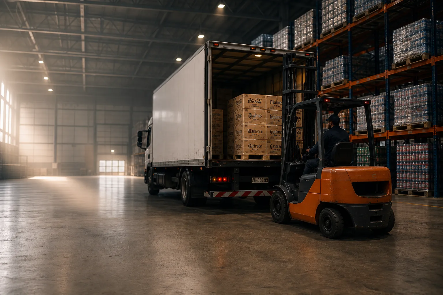 Operación logística en depósito: autoelevador cargando pallet de bebidas para distribución mayorista