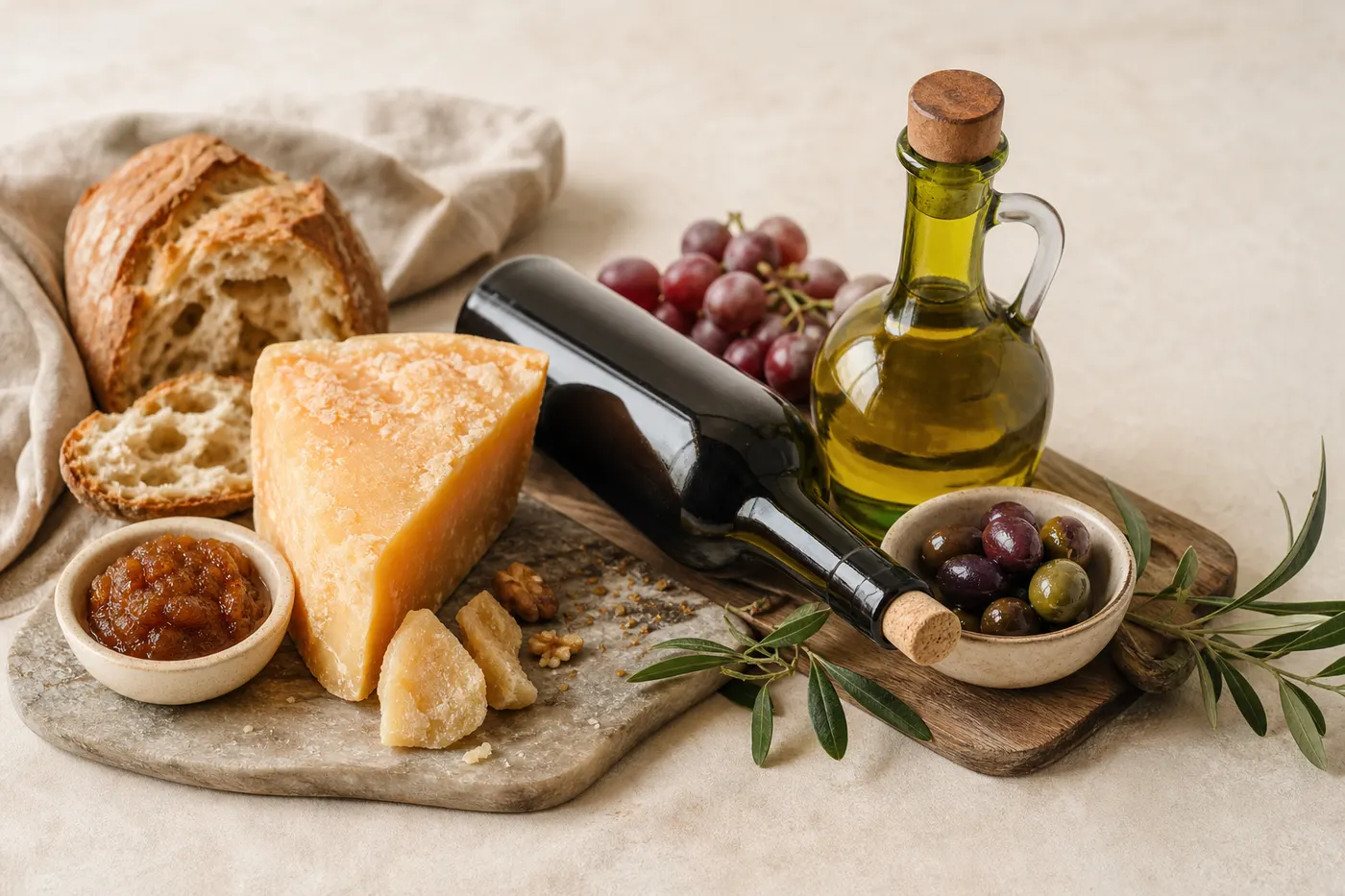 Productos gourmet: queso, vino y aceite