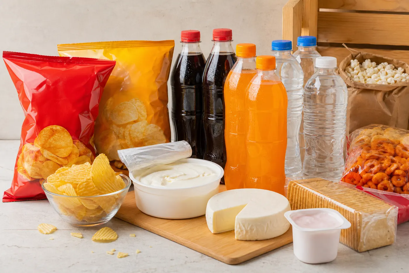Snacks, queso cremoso, gaseosas y aguas para comercios
